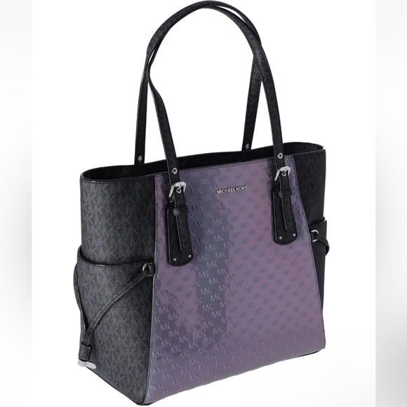 Michael Kors Voyager Travel Shoulder Tote Heather Grey Patent Leather Black MK - Picture 4 of 9